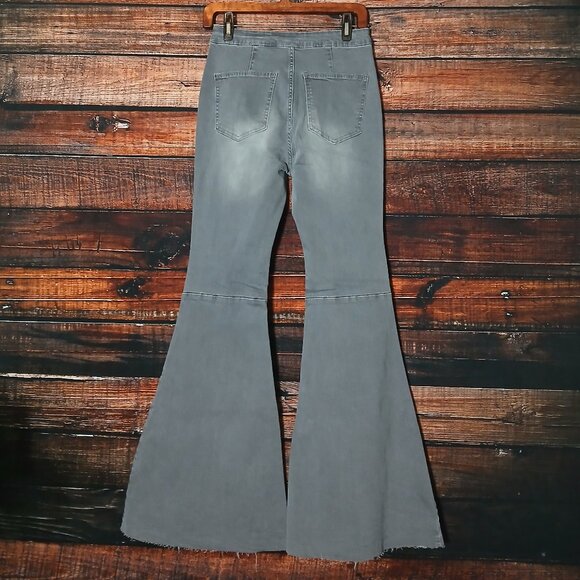 Wishlist Jeans Size L High Rise Super Flare Bell Bottom Gray Denim Stretch - Picture 3 of 9